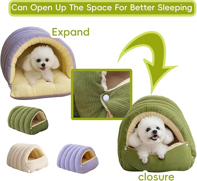 Removable and Washable Winter Closed-Off Cat Bed, Pet Indoor Cave for Cats, With Removable Cushion, Cozy Warming Fluffy Pet Bag for Small and Medium Dogs and Cats (Green L for 16.5lbs Cat & 11lbs Dog)