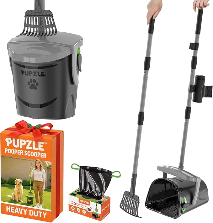 Pupzle Dog Pooper Scooper with Bag Attachment, 40" Long Handle Pooper Scooper for Large Dogs, Dog Poop Scoop for Yard, Large Capacity Swivel Bin and Rake, Lavender Scented Bags (Grey)