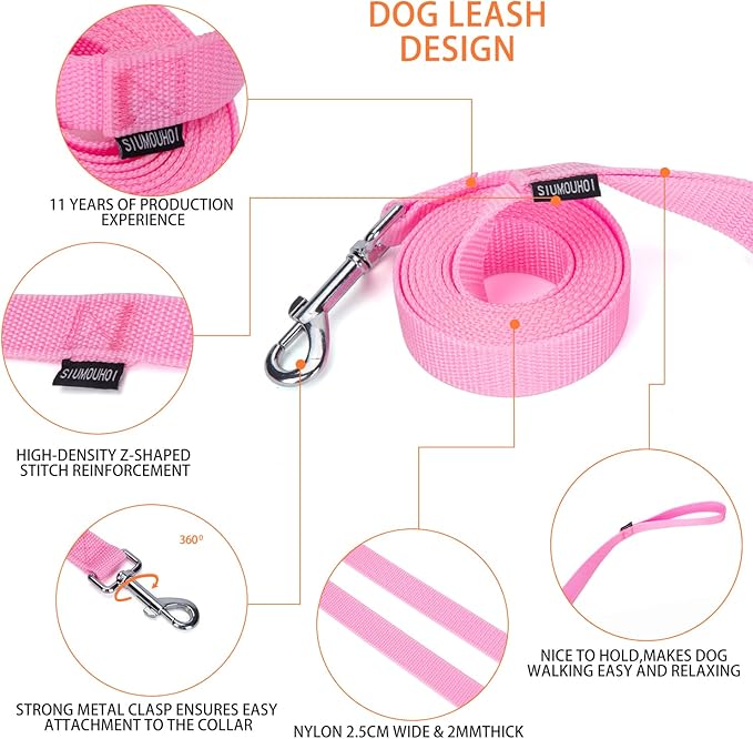 Siumouhoi Strong Durable Nylon Dog Training Leash, 1 Inch Wide Traction Rope, 6 ft Long, for Small and Medium Dog (Pink, 6 Feet)