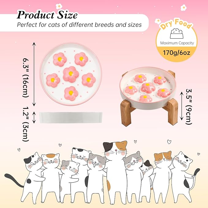 Elevated Slow Feeder Cat Bowl - Maze Puzzle Cat Food Dish with Bamboo Stand, Anti-Slip - Raised Base for Comfortable Eating - 6 OZ - Blush Pink Flower