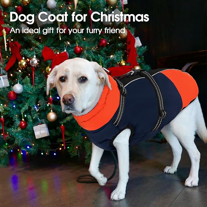SUNFURA Dog Coat, XXXL Dog Jacket with Harness Built in, Waterproof Pet Winter Coat Snowsuit with Zip, Reflective Fleece Jacket for Extra Large Dogs, Great Dane, Blue 3XL