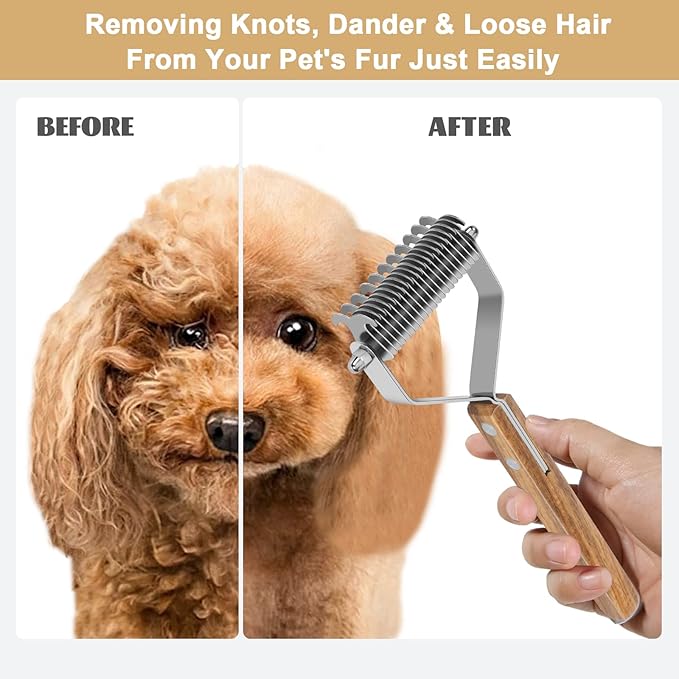 Dematting Comb for Dogs & Cats - Double-Sided Deshedding Dematting Grooming Tool, Undercoat Rake for Double Coat Dogs & Long-Haired Cats, Wooden Handle Large