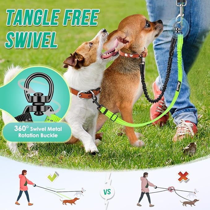 Two Dog Lead, 2 in 1 Upgraded Double Dog Leash Attachment Combine Adjustable Strap and Shock Absorbing Bungee No Tangle Dual Training Splitter for Different Size Dogs