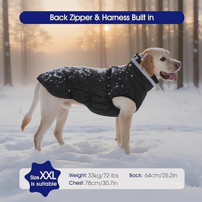FUAMEY Dog Coat for Small Dogs,Waterproof Dog Winter Jacket with Harness Built in Puppy Cold Weather Coats Reflective Pet Vest with Zipper Warm Fleece Dogs Snowsuit Windproof Solid Black S