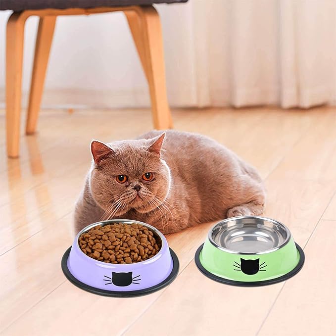 SUOXU Cat Bowls,Stainless Steel Cat Water Food Bowl,Puppy Feeding Bowl,Set of 3 Shallow Pet Bowl Rubber Base Non Slip Small Dogs Feeder Bowls
