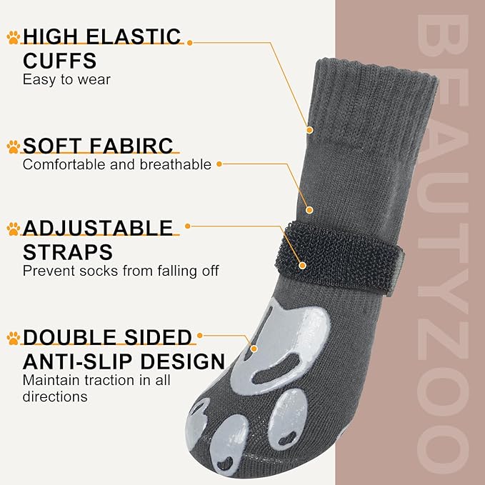 BEAUTYZOO Dog Socks, Non Slip Dog Socks to Prevent Licking Paws -Dog Shoes for Hot/Cold Pavement, Dogs Boots & Paw Protectors, Doggie Booties for Hardwood Floors, Small Medium Large Senior Dogs