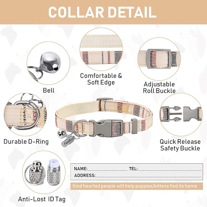 GAMUDA Small Dog Harness Collar and Leash Set, Step in No Chock No Pull Soft Mesh Adjustable Dog Vest Harnesses Plaid Reflective for Dogs Puppy Cats Kitten Rabbit (Beige, XXS)