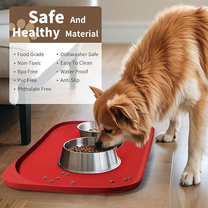 Silicone Pet Food Mat with Raised Edge for Food and Water Bowl, Dog Feeding Mats, Cat Food Trays for Floor Waterproof, Rubber Tray for Dogs and Cats, 24 x 16 x 0.8 Red