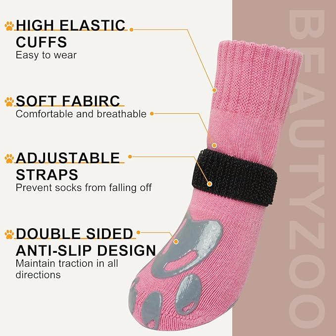 BEAUTYZOO Dog Socks, Non Slip Dog Socks to Prevent Licking Paws -Dog Shoes for Hot/Cold Pavement, Dogs Boots & Paw Protectors, Doggie Booties for Hardwood Floors, Small Medium Large Senior Dogs