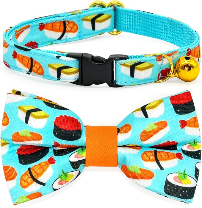 Sushi Cat Collar Bow Set, Breakaway Safety Collar, Wedding/Birthday Bowtie Collar for Kitten