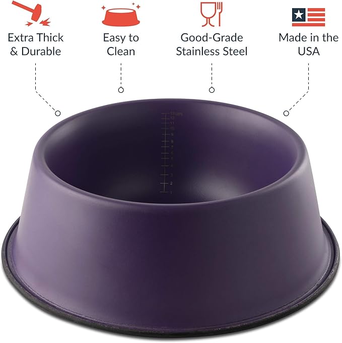 Flourish Stainless-Steel Dog Bowls | Extra Thick, Durable Pet Bowl | Non-Slip Silicone Base, Easy to Measure, Pet Bowls for Kibble & Water | for All Kind of Dogs & Cats (Purple-112 Ounces) 2PK Large