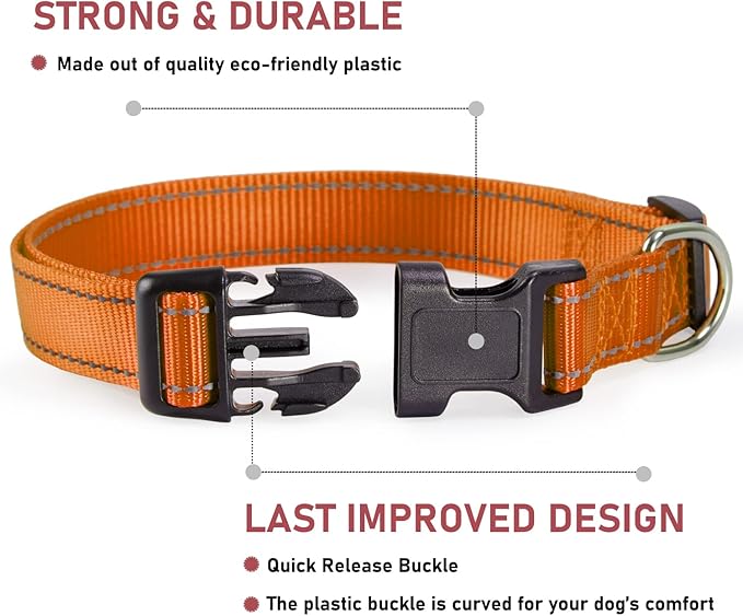 Reflective Dog Collar with Buckle Adjustable Safety Nylon Collars for Small Medium Large Dogs, Orange L