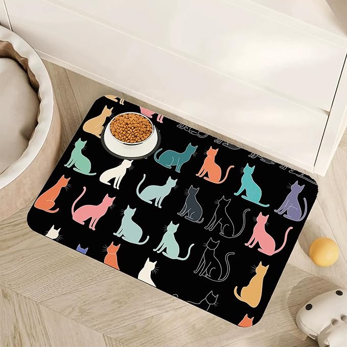 Cute Cat Dog Food Mat,Colorful Silhouette Absorbent Pet Feeding Mat with Rubber Backing,Non-Slip Water Bowl Placemat,Indoor Pet Accessories Supplies 16"x24"