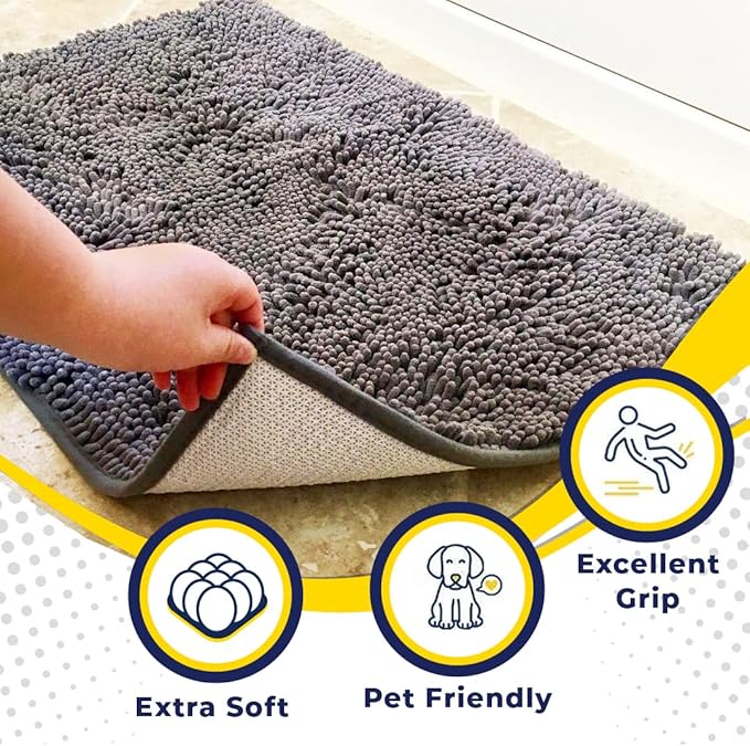 Muddy Mat® Shown on TV – Super Absorbent Microfiber Dog Door Mat for Muddy Paws, Non-Slip Washable Pet Rug, Quick Dry Chenille Entryway Carpet, Machine Washable Indoor Outdoor mat, Grey 60"x24"