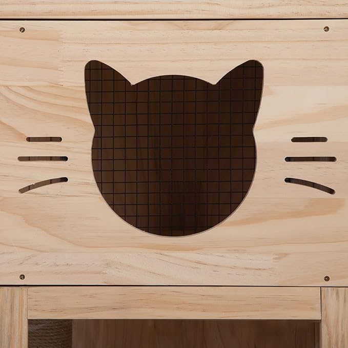 Large Wooden Cat House on Wheels, Indoor Cat Villa with Condo, Multi Platforms, Scratchers, Vent, Litter Box Area, Clear Doors, Cat Cage Enclosure for Kittens & Adult Cats (Natural Wood)
