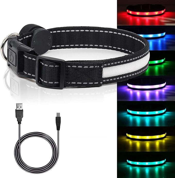 Light Up Dog Collar, Safety LED Dog Collars Rechargeable 7 Colors in One Lighted Dog Collar Glow in The Dark Dog Walking Light, Neon Durable Nylon Adjustable Buckle for Small/Medium/Large Dogs, M Size