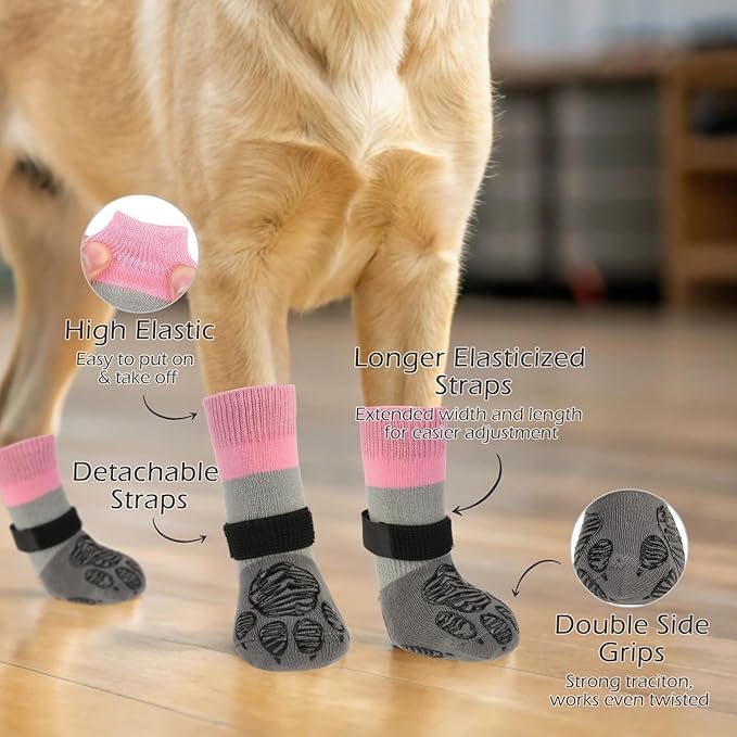 EXPAWLORER Anti Slip Dog Socks to Prevent Licking Paws, Dog Shoes for Cold Winter, Dog Booties for Hardwood Floors, Dog Boots & Paw Protectors with Grippers for Small Medium Large Senior Dogs Pink S