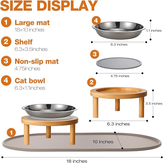 Elevated Cat Bowls with Food Mat,6.3 Inches Shallow Raised Bowls Whisker Friendly,2 Stainless Steel Cat Food and Water Dishes for Cats and Puppies,Dishwasher Safe