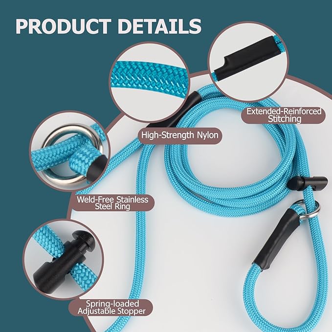 Slip Lead Dog Leash – Strong Nylon Training Rope with Spring-Loaded Adjustable Stopper – 5/16" x 4/5/6ft -No Pull Heavy Duty Leash for Small Medium Large Dogs (Black, 6 FT)