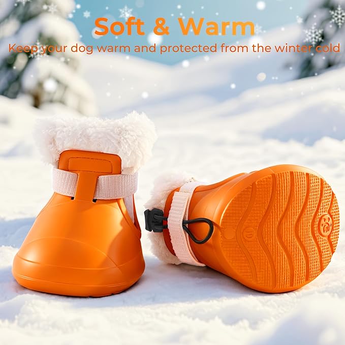 Dog Shoes for Small Medium Large Dogs,Winter Dog Snow Boots & Paw Protectors Waterproof for Cold Weather & Hard Floors,Adjustable Anti-Slip Dog Booties with Removable Wool Liner (Orange, 10)
