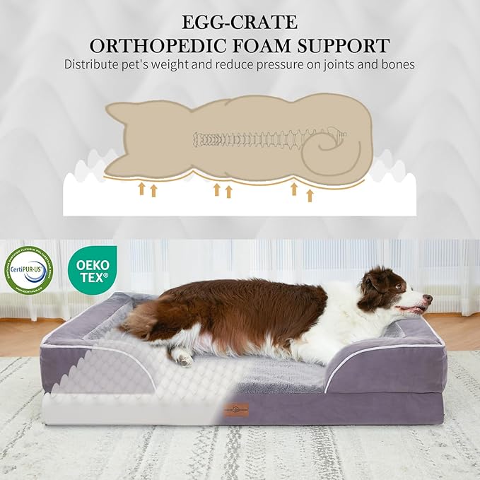 Comfort Expression Orthopedic Dog Bed for Extra Large Dogs 42x30 Inch, Waterproof Supportive Egg Crate Foam XL Pet Bed with Removable Bolsters, Dog Couch with Washable Cover & Non-Slip Bottom, Purple