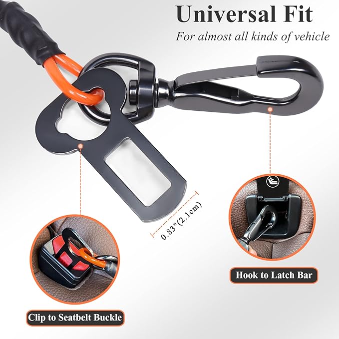 VIVAGLORY Dog Seat Belt Tuffbelt Dog Car Harness, Seatbelt with Clip & Hook for Car Travel, Chew Proof Anti Chew Unchewable Metal Safety Tether Restraint, S, Orange
