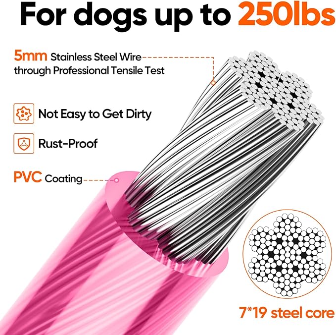 Tresbro 50FT Reflective Tie Out Cable for Dogs Up to 250 Pounds, Steel Wire Lead Leash Cable with Stainless Rotatable Buckle, Lightweight and Enduring, Dog Chains Outside for Outdoor, Yard, Pink