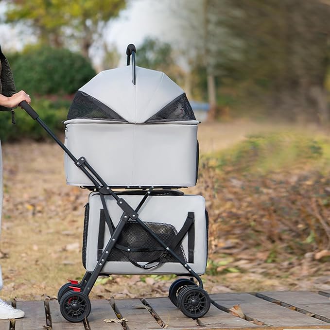 Pet Stroller Double Deck 4 Wheels Withe Rain Cover - Easy-Fold Dog Cat Stroller for Small Medium Dog Cats Carrier, Travel Folding Carrier Breathable and Visible Mesh with Cup Holder（Gray）
