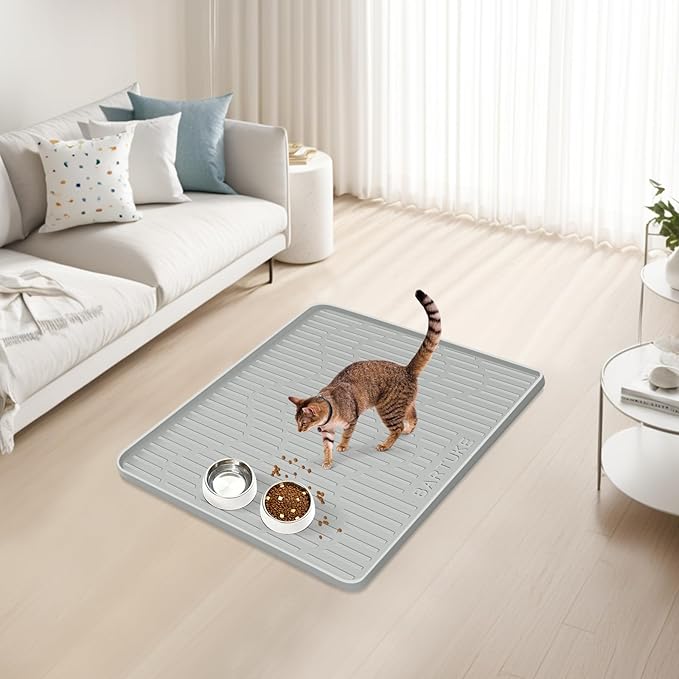 Bartuke Silicone Cat & Dog Food Mat, 27" x 27" Large Pet Feeding Mat for Cats and Dogs Bowl, Pet Placemat for Food and Water with Raised Edge, Waterproof, Leakproof (Grey)