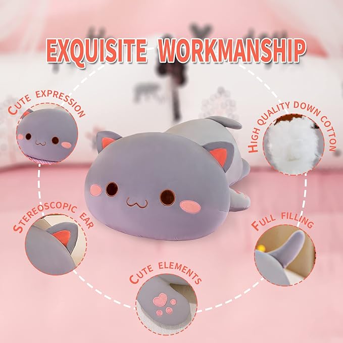 FUYU Cat Stuffed Animals, Soft Cat Plush Pillow Kawaii Kitten Stuffed Animal Toy Gifts for Kids Boys Girls Room Decor (Grey Round Eyes,19in/50cm)