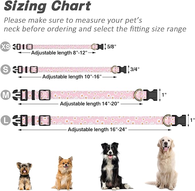Reflective Dog Collar for Medium Dogs, Cute Daisy Theme Adjustable Heavy-Duty Nylon Puppy Collar for Boy and Girl Female, Soft Pet Accessories with Quick Release Buckle, Neck 14-20", Pink