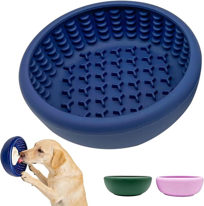 Dog Lick Bowl, Anxiety Relief Slow Feeder Lick Mat for Dogs, Non-Slip Freeze Licking Bowls Enrichment Puzzle Pet Feeding Treat Dispenser for Distraction, Silicone Lick Pads for All Dogs (Blue, Small)