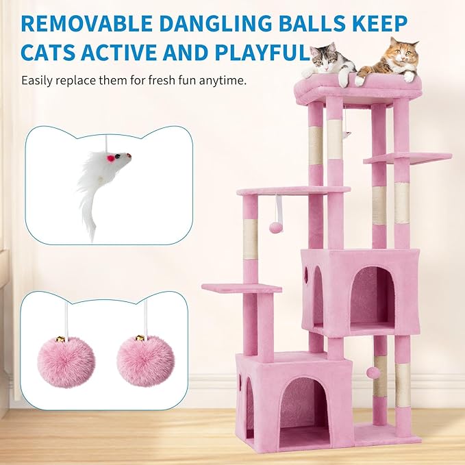 Cat Tree - 157cm Tall, Sisal Wrapped Scratching Post, Cat Nest, Hanging Ball, Extended Platform