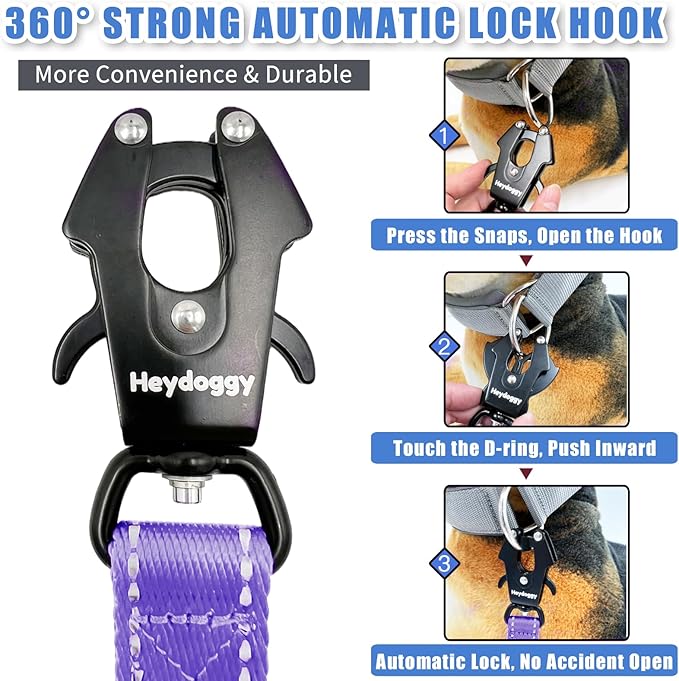 Strong Heavy Duty Dog Leash - 5ft Reflective Nylon Training Leash with Soft Padded Double Handle & Auto Lock Frog Clip, Safety Traffic Control for Large Medium Small Dogs No Pull Walk Light Purple,5ft