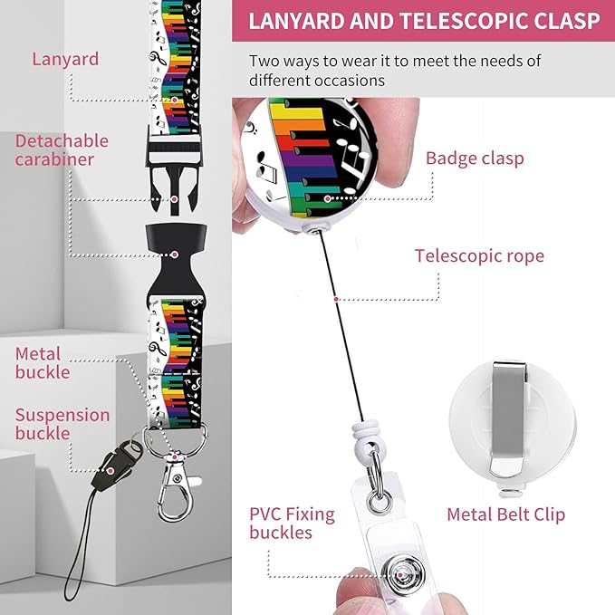 ID Badge Holder with Retractable Lanyard and Keychain, Badge Reel with Rotate Carabiner Clip,Beige Flower Card Name Tag Lanyard ID Protector Bage Clips for Student, Women, Office (Cute Musical Notes)