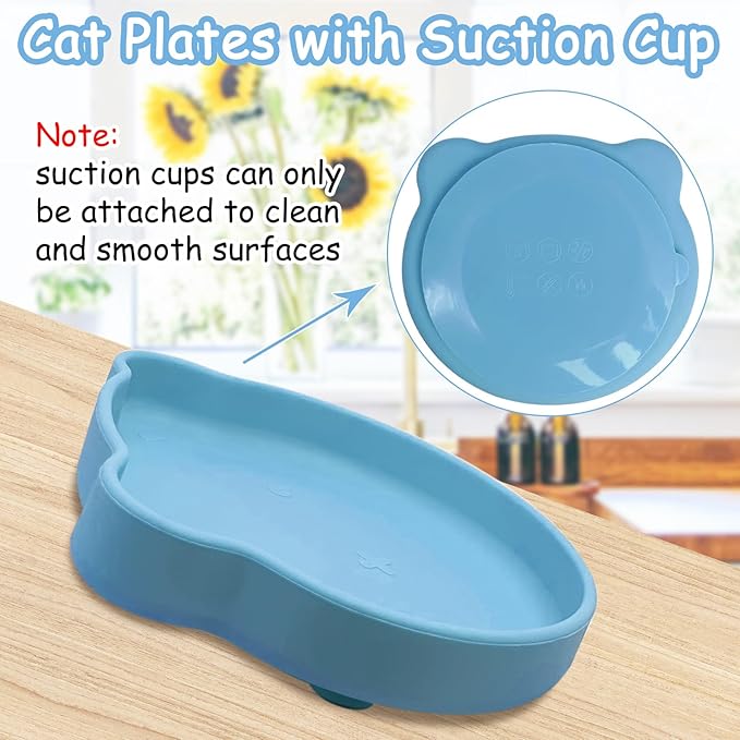 Silicone Cat Food Bowl Suction Cup Cat Dish 7" Shallow Cats Food & Water Bowls Set of 2 Non-Slip Kitty Plates Relief Whisker Fatigue Puppy Feeding Bowl for Dry & Wet Food (Blue)