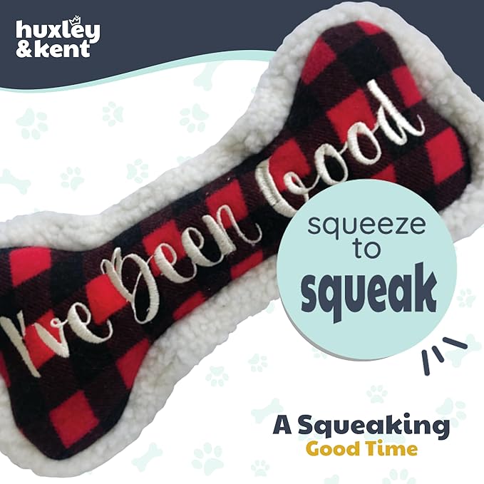 Huxley & Kent Funny Dog Toy w/Squeaker – Holiday Power Plush Squeaky Dog Toys for Small, Medium & Large Dogs – Soft Stuffed Animal for Indoor Play & Fetch - I've Been Good Bone, Small