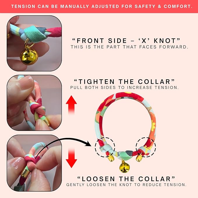 Handmade Cotton Cat Collar with Bell – Adjustable Slip-On Design, No Buckle, Lightweight Rope Collar for Kittens, Indoor Cats, and Small Pets (Aurora)