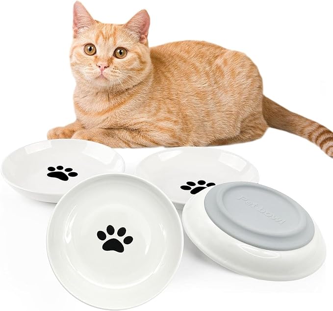 BNOSDM Non Skid Cat Food Bowls Shallow Ceramic Cat Dishes with Rubber Bottom Whisker Fatigue Kitty Bowl 5.9 inch Flat Cats Plates Set of 4 Small Pet Feeding Bowls for Dry & Wet Food