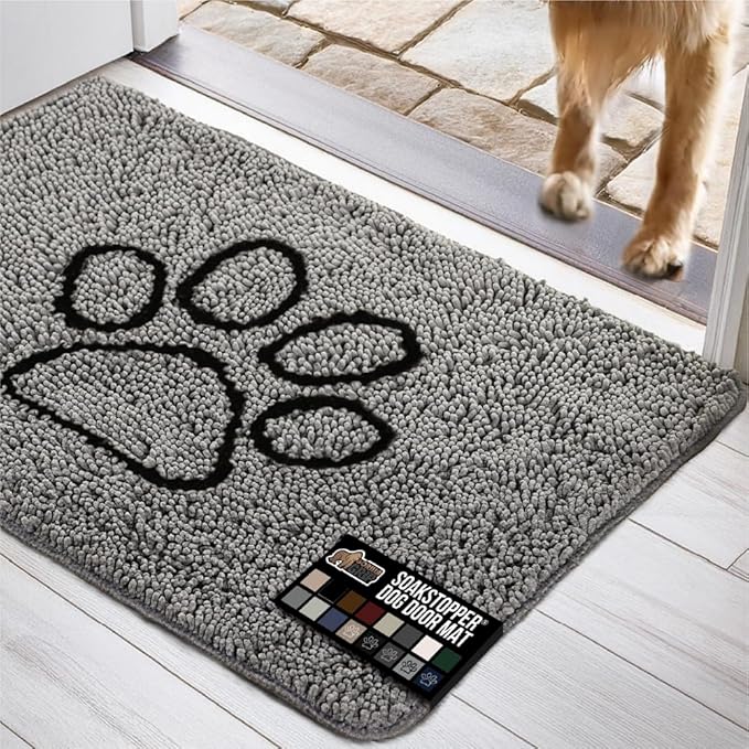 GORILLA GRIP SOAKSTOPPER Dog Door Mat, 36x24 Machine Washable Rug Absorbent Doormat Captures Moisture Mud Dirt, Quick Dry Soft Chenille Entryway Rugs Indoor Entrance Mats for Dog Paws, Paw Gray