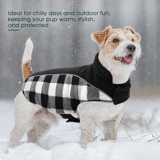 Kuoser Dog Winter Coat, Reversible Waterproof Dog Jacket with Reflective Strip, Warm Dogs Fleece Vest Adjustable Doggy Cold Weather Clothes Plaid Christmas Outfit Pet Apparel for Large Dogs, Black 2XL
