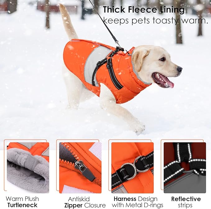 AOFITEE Dog Coat, Large Dog Jacket, Dogs Coat with Harness Built in, Reflective Waterproof Dogs Jackets Winter with Furry Collar, Warm Polar Fleece Pet Sweater Snowsuit for Doberman, Great Dane, XXL