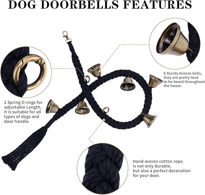 KLOGTSIND 2 Pack Dog Bells for Door Potty Training, Handwoven Cotton Rope Dog Doorbell with 6 Extra Loud Bells, Adjustable Dog Door Bells for Small Medium Large Dogs to Ring to Go Outside, Black
