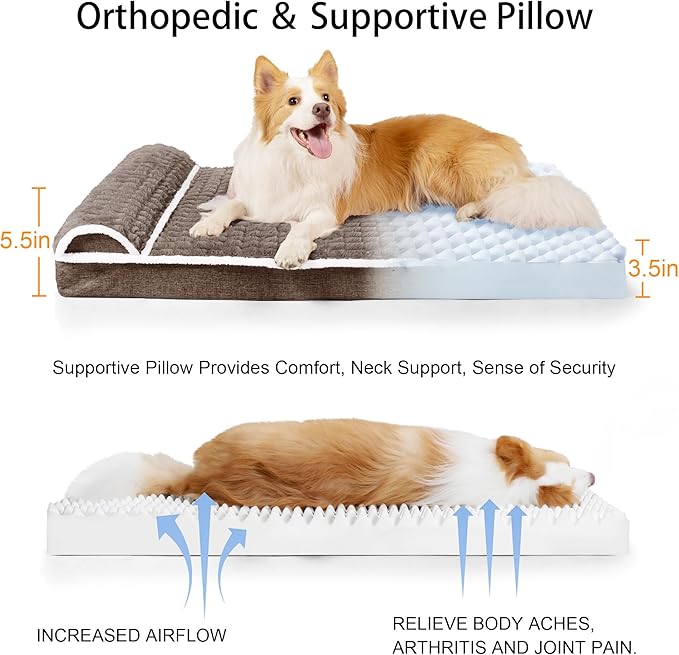 Orthopedic XL Dog Bed Large Sized Dog with Pillow 48''X30'', Waterproof Soft Comfortable Egg Crate Foam Pet Crate Beds Mat with Removable Washable Cover and Non-Slip Bottom, Taupe