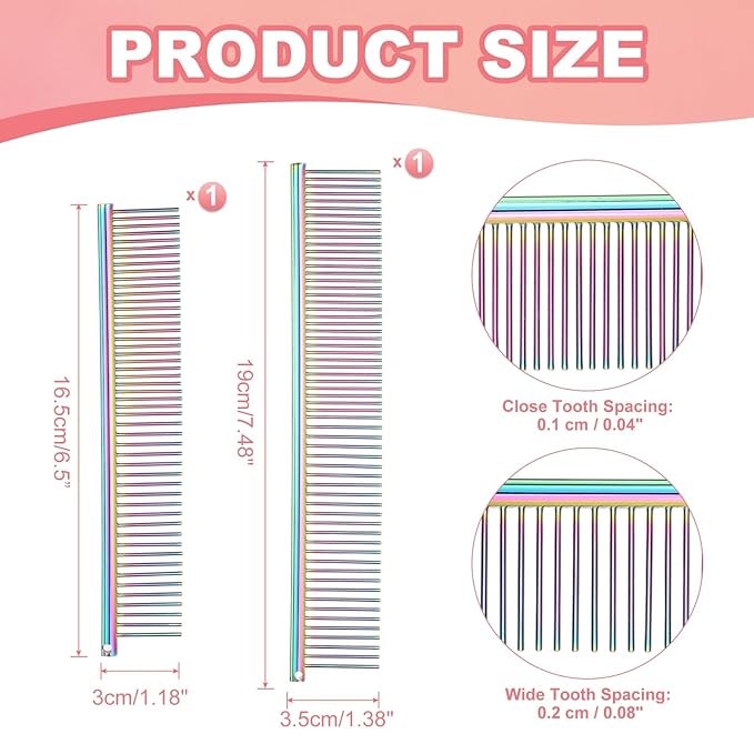 Dog Cat Comb, Pet Combs Stainless Steel Teeth with Rounded Ends for Knot Mat Loose Hair Removal, 6.5/7.5IN (Colorful Plated, 2 Pack), Grooming Tool Intended for Long Curly Hair Pet