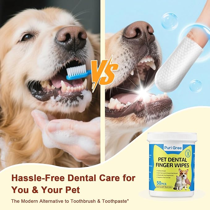 Teeth Cleaning Wipes for Dogs & Cats, Dog Dental Care Finger Wipes, PURIGREE Dog Tooth Brushing Kit, Reduces Plaque,Disposable Dog Wipes-50 Count
