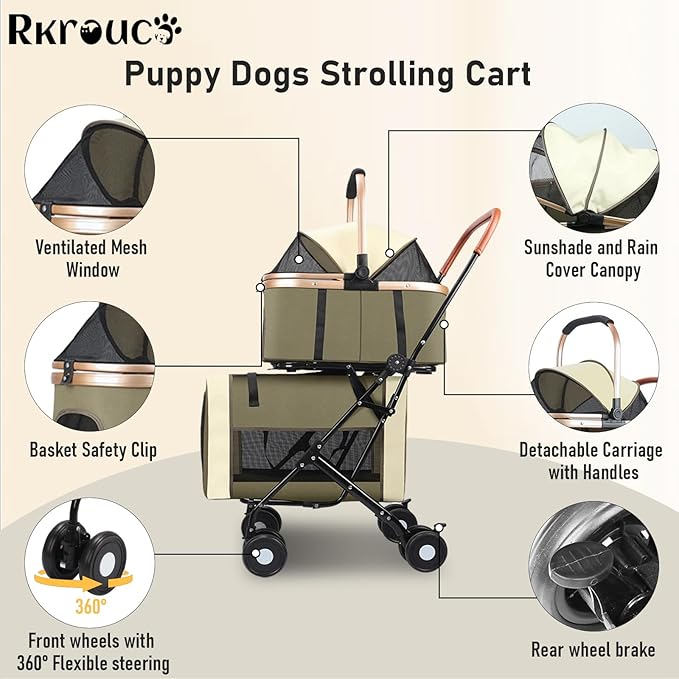 Foldable Double Pets Stroller for Dog Portable Cat Strollers for Small Medium Pet with Detachable Carriers Flexible Lockable Wheels Lightweight Dogs Jogger Strolling Cart Up to 77Lbs (Green)