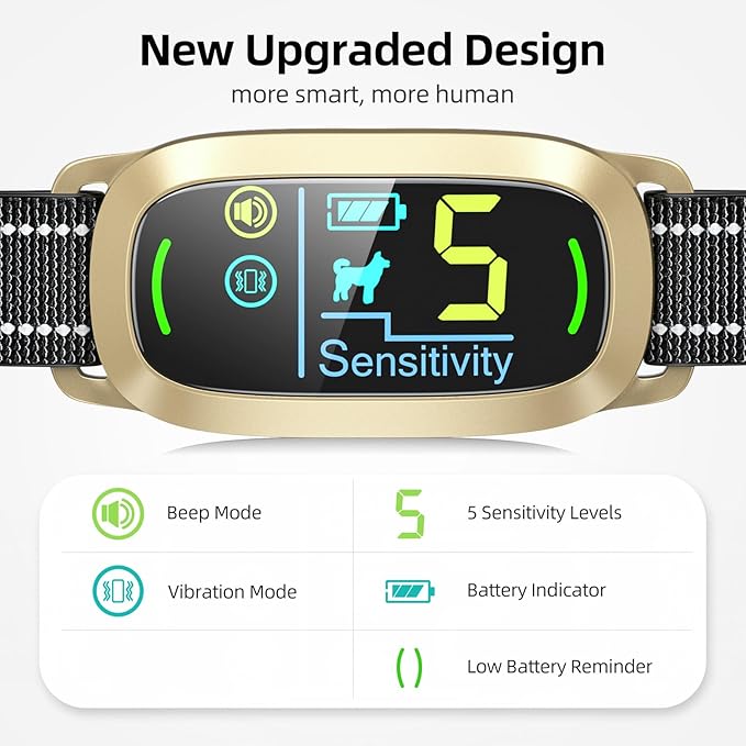 Dog Bark Collar for Large Medium Small Dogs, Rechargeable Smart Bark Collar, Anti Barking Training Collar with 5 Adjustable Sensitivity Beep Vibration (Gold)