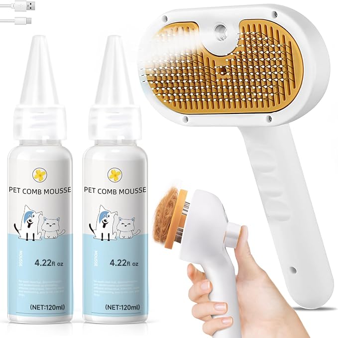 Pet Steam Brush for Dog & Cat – 3-in-1 Spray Hair Removal Comb – Steam for Shedding & Grooming – Water Brush for Long & Short Haired Pets – Spritz Defur Comb – Includes 2*Waterless Shampoo