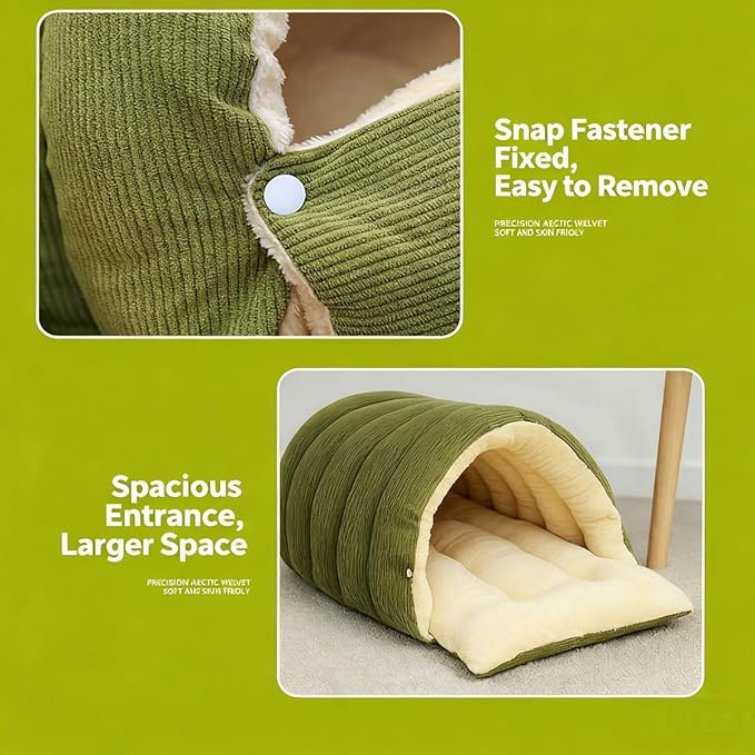 Removable and Washable Winter Closed-Off Cat Bed, Pet Indoor Cave for Cats, With Removable Cushion, Cozy Warming Fluffy Pet Bag for Small and Medium Dogs and Cats (Green L for 16.5lbs Cat & 11lbs Dog)